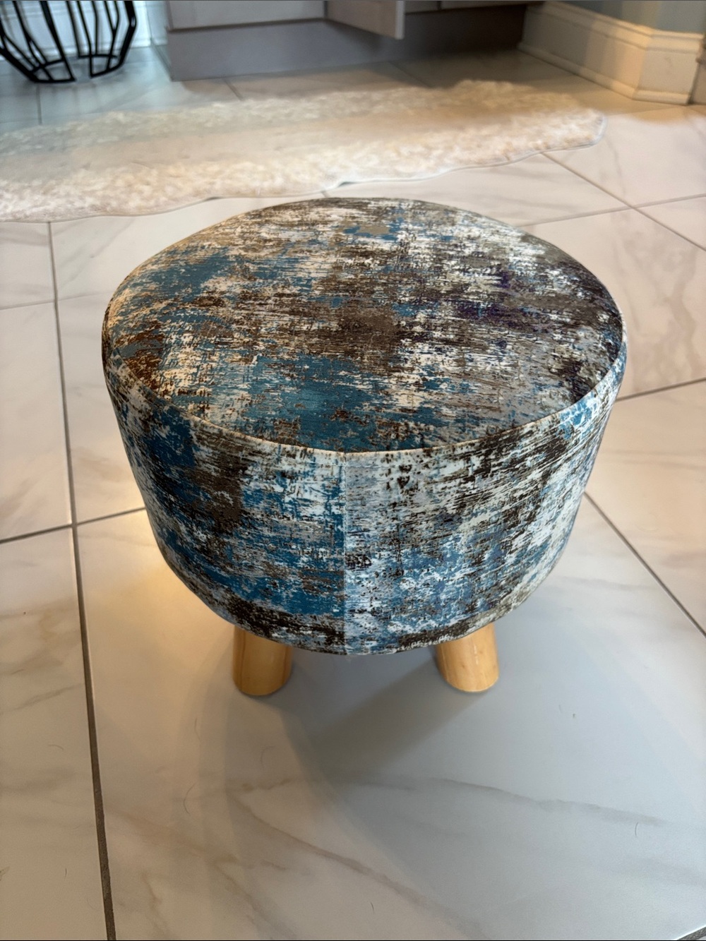 Blue Distressed Round Accent Ottoman Stool by